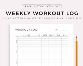 Weekly Workout Log Printable Template, Daily Workout Planner, Exercise Log, Fitness Planner, A4/A5/Letter/Half Size, Instant Download PDF