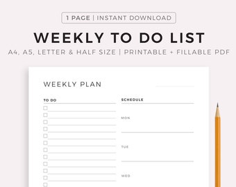 Weekly To Do lijst afdrukbaar, minimalistische weekplanner, weekagenda, week in één oogopslag, week op één pagina, a4/a5/letter/halve letter