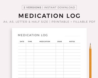 Medication Log Printable, Medication Tracker, Medication Intake Reminder, Medication List Template, Medication Schedule, A4/A5/Letter/Half