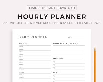 Fillable Hourly Planner Printable, Daily To Do List, Productivity Planner, Undated Planner, Daily Planner Insert, A5/Half Size/A4/Letter