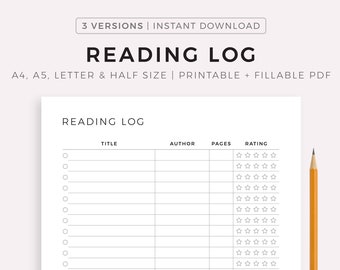 Reading Log Printable, Reading Tracker, Books to Read, Books I've Read, Book Log, A4/A5/Letter/Half Size, Instant Download PDF