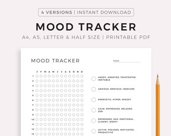 Mood Tracker Printable, A Year In Pixels, Mood Journal, Emotion Tracker, Mood Chart, Wellness Planner, A4/A5/Letter/Half, Instant Download