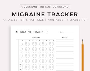 Monatlicher Migräne Tracker, Ausdruckbare Vorlage, Kopfschmerz Schmerz Tracker, Migräne Schwere, Gesundheitsplaner, A4/A5/Letter/Half, Sofortiger Download