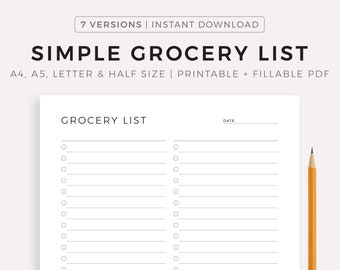 Simple Grocery List Template Printable, Food Shopping List, Grocery Planner, Health & Fitness, A4/A5/Letter/Half Size, Instant Download PDF