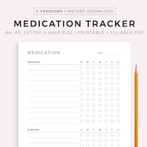 Registro diario de medicamentos imprimible, recordatorio de toma de medicamentos, calendario de medicamentos, plantilla de lista de medicamentos, tamaño A4/A5/Carta/Media página