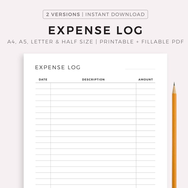 Expense Log, Spending Tracker, Expense Tracker, Budget Template, A4/A5/Letter/Half Size, Printable & Fillable, Instant Download PDF