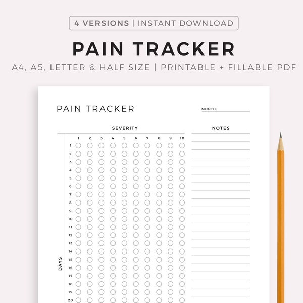 Monthly Pain Tracker Printable Template, Track Daily Pain Severity, Health Tracker, A4/A5/Letter/Half Size, Instant Download PDF