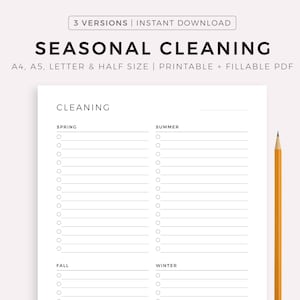 Seasonal Cleaning Checklist Printable, Cleaning Planner, Cleanign Schedule, Cleaning Template, A4/A5/Letter/Half Size, Instant Download PDF