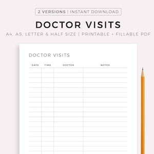 Doctor Visits Tracker Printable Template, Doctor Appointment Log, Medical Specialist Visit, Health Tracker, A4/A5/Letter/Half Size