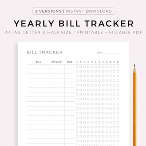 Yearly Bill Tracker Printable, Bill Payment Checklist, Bill Organizer, Finance Planner A4/A5/Letter/Half Size, Instant Download PDF