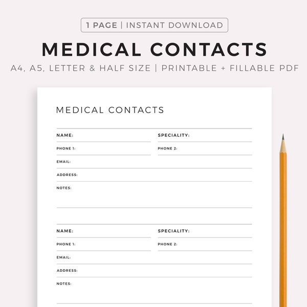Medical Contacts List Printable, Healthcare Contacts, Doctor Contacts, Wellness Printable, Family Planner, A4/A5/Letter/Half Size
