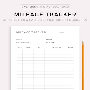 Mileage Tracker Printable, Work Trip Miles Tracker, Business Mileage Log, Monthly Mileage Report Form, A4/A5/Letter/Half, Instant Download