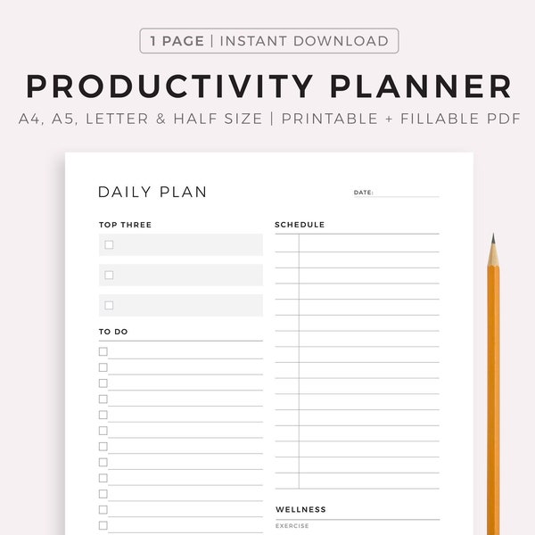 Printable Daily Planner PDF, Daily To Do List, Productivity Planner, Meal Planner, Fitness Planner, Health Planner, Gratitude Printable