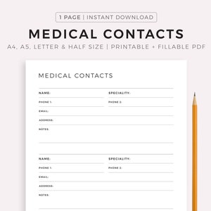 Lista de contactos médicos imprimible, contactos de atención médica, contactos de médicos, imprimible de bienestar, planificador familiar, tamaño A4/A5/carta/medio