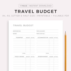 Travel Budget Planner Printable, Work / Holiday Spending Worksheet Template, Finances Planner,  A4/A5/Letter/Half Size, Instant Download PDF