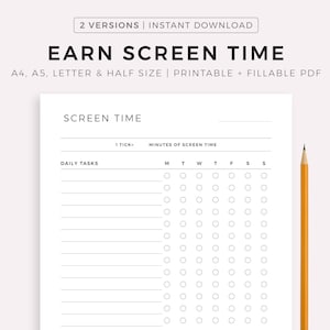 Earn Screen Time Checklist for Teenagers / Kids, Screen Time Chore Chart, Screen Time Tracker, A4/A5/Letter/Half Size, Instant Download PDF