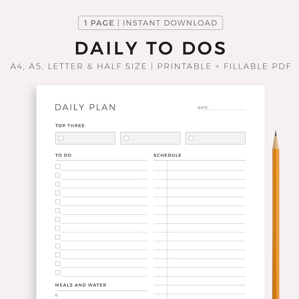 Daily To Do List Printable, Productivity Planner, Personal/Work Daily Planner PDF, Everyday Planner, Daily Schedule, A5/A4/Letter/Half Size