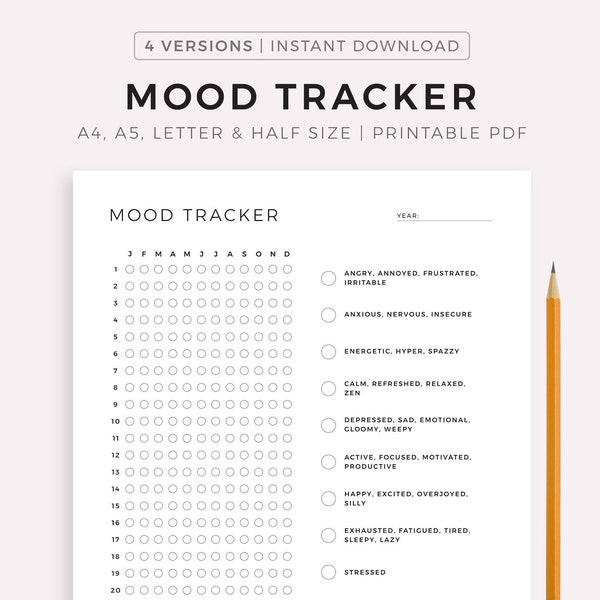 Mood Tracker Printable, A Year in Pixels, Mood Journal, Emotion Tracker, Mood Chart, Wellness Planer, A4/A5/Letter/Half, Instant Download