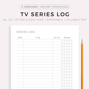Registro de séries de TV para impressão, séries para assistir, séries que assisti, rastreador de temporadas e episódios, tamanho A4/A5/Carta/Meio tamanho, download instantâneo em PDF