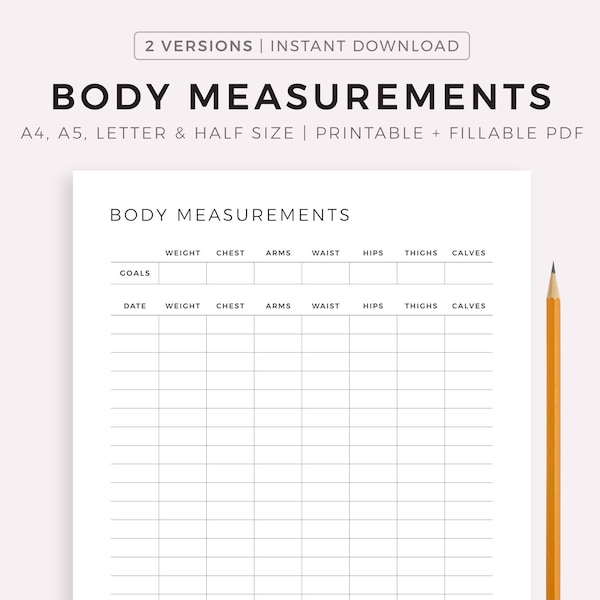 Body Measurements Tracker Printable, Fitness Progress Sheet, Body Transformation Template, Before and After, A4/A5/Letter/Half