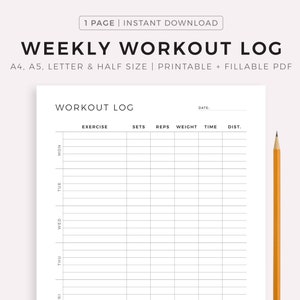 Weekly Workout Log Printable Template, Daily Workout Planner, Exercise Log, Fitness Planner, A4/A5/Letter/Half Size, Instant Download PDF