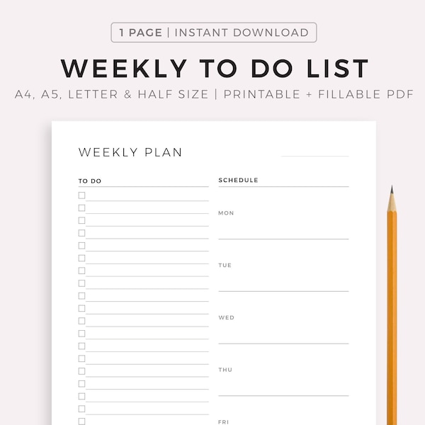 Weekly To Do List Printable, Minimalist Weekly Planner, Weekly Agenda, Week At A Glance, Week On One Page, A4/A5/Letter/Half Letter