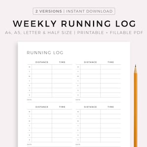 Modelo de diário de corrida semanal para impressão, diário de corrida, diário de treino cardiovascular, rastreador de corrida, metas de condicionamento físico, tamanho A4/A5/carta/meio