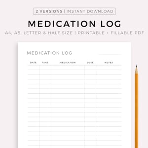 Medication Log Printable, Medication Tracker, Medication Intake Reminder, Medication List Template, Medication Schedule, A4/A5/Letter/Half