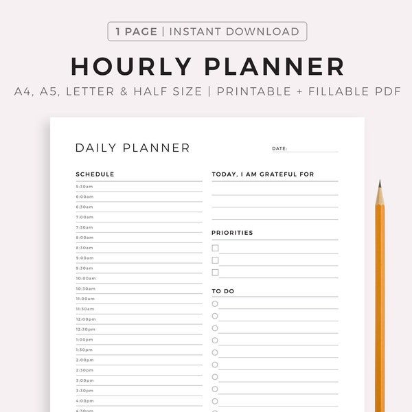 Fillable Hourly Planner Printable, Daily To Do List, Productivity Planner, Undated Planner, Daily Planner Insert, A5/Half Size/A4/Letter