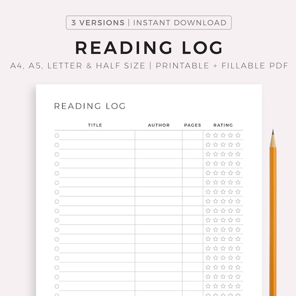 Reading Log Printable, Reading Tracker, Books to Read, Books I've Read, Book Log, A4/A5/Letter/Half Size, Instant Download PDF