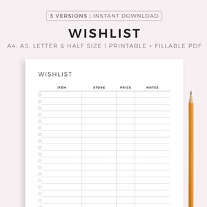 Wunschliste ausdrucken & ausfüllen, Feiertagswunschliste, Geburtstagswunschliste, Einkaufswunschliste, Geschenke für mich, A4/A5/Letter/Half