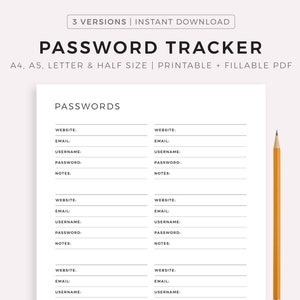 Rastreador de contraseñas imprimible y rellenable, administrador de contraseñas, organizador de contraseñas, registro de contraseñas, tamaño A4/A5/Carta/Media página, descarga instantánea en PDF
