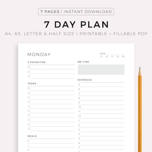 Planejador de 7 dias para impressão, planejador semanal, lista de tarefas diárias para trabalho/vida pessoal, planejador diário, download instantâneo