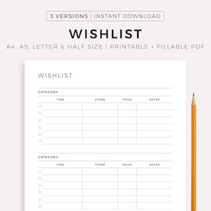 Wunschliste zum Ausdrucken, Weihnachtswunschliste, Feiertagswunschliste, Geburtstagswunschliste, Einkaufswunschliste, Geschenke für mich, A4/A5/Letter/Half