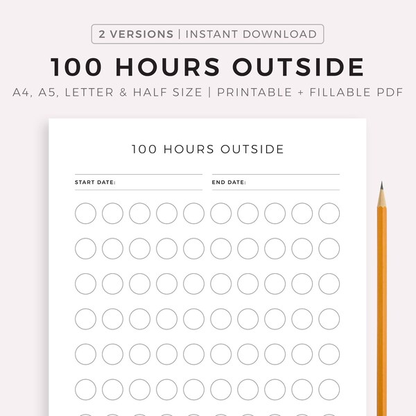 100 Hours Outside Tracker Printable, Track Your Time Outdoors, Activity Log, A4/A5/Letter/Half, Instant Download PDF