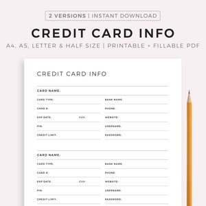 Rastreador de informações de cartão de crédito para impressão e preenchimento, registro de cartão de crédito, tamanho A4/A5/carta/meio tamanho, download instantâneo em PDF