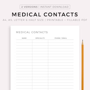 Medical Contacts List Printable, Healthcare Contacts, Doctor Contacts, Wellness Printable, Family Planner, A4/A5/Letter/Half