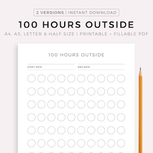 100 Hours Outside Tracker Printable, Track Your Time Outdoors, Activity Log, A4/A5/Letter/Half, Instant Download PDF