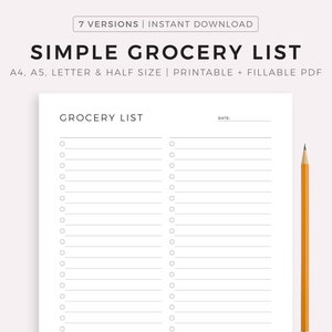 Simple Grocery List Template Printable, Food Shopping List, Grocery Planner, Health & Fitness, A4/A5/Letter/Half Size, Instant Download PDF