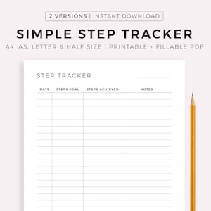 Registro de pasos imprimible, diario de caminatas, registro de ejercicios, planificador de salud y fitness, tamaño A4/A5/Carta/Media página, descarga instantánea en PDF.