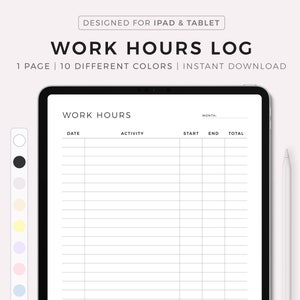 Op de afbeelding: Een digitale werkurenlogboek weergegeven op een zwarte tablet. Het scherm toont een tabel met kolommen voor datum, activiteit, start, einde en totaal uren. Een witte stylus ligt naast de tablet.