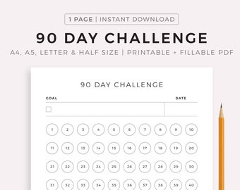 90 Day Challenge, Goal Setting, Progress Tracker, Habit Forming, A4/A5/Letter/Half, Printable & Fillable PDF, Horizontal, Instant Download