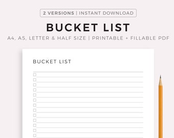Bucket Lust, Life Goals Planner, To Do List Plan, Printable & Fillable PDF A4/A5/Letter/Half Size, Instant Download