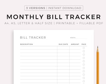 Monthly Bill Tracker Printable, Bill Payment Checklist, Bill Organizer, Finance Planner A4/A5/Letter/Half Size, Instant Download PDF