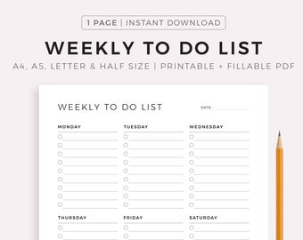 Weekly To Do List Printable, Weekly Task List Template, Weekly Planner, Productivity Planner, A4/A5/Letter/Half, Instant Download PDF