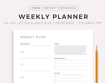 Productivity Weekly Planner Printable, Weekly Goal Planner, Weekly Habit Tracker, Weekly To Do List, Weekly Agenda, A5/A4/Letter/Half Letter