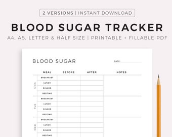 Blood Sugar Tracker Printable Template, Blood Glucose Tracker, Diabetic Log, Blood Sugar Log, Diabetes Tracker, Health Tracker