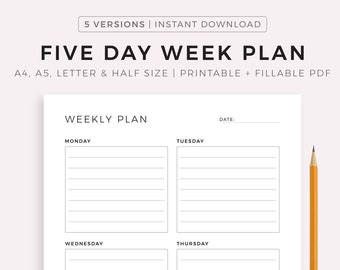 Five Day Weekly Planner Printable, Student Planner, Desk Organizer, Weekly Schedule, Weekly Agenda, Work Planner, A4/A5/Letter/Half