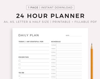 24 Hour Daily Planner Printable, Daily To Do List for Work / Personal Life, Productivity Planner, Everyday Planner, Daily Schedule