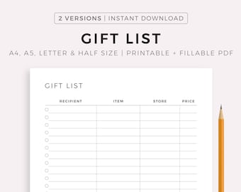 Simple Gift List Planner Printable, Gift Ideas, Gift Tracker, Gift Shopping List, A4/A5/Letter/Half Size, Printable & Fillable